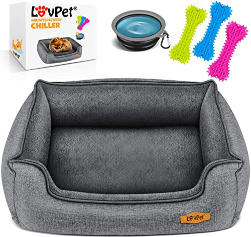 Lovpet® Hundebett Hundekissen Hundekorb Chiller, Inkl. Napf + 3X Kauknochen, Hundesofa Kissen für Kleine, Mittelgroße & Große Hunde, Bezug abnehmbar und waschbar, XL 110 x 75 x 27 cm Grau
