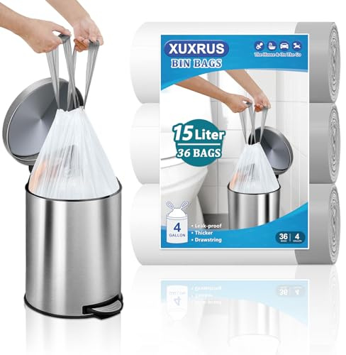 XUXRUS 15L Small Bin Liners with Drawstring Bin Bags With Tie Handles Pedal Bin Trash Bags Wastebasket Liners for Bathroom Kitchen Office Bedroom White, 36 Counts