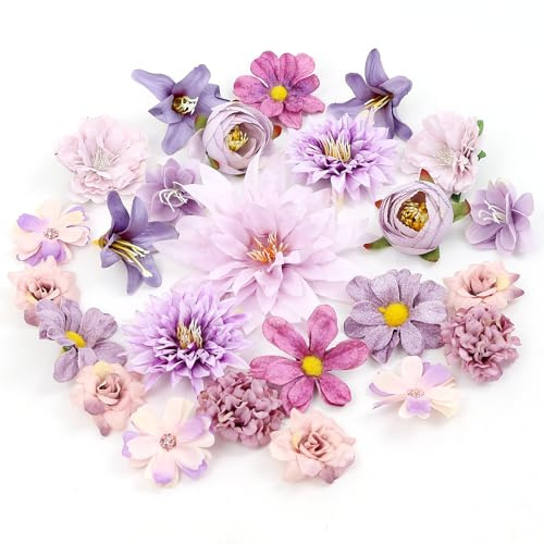 LARDUX 24 PCS Artificial Flower Heads-Craft Fake flower Decoration Mini Silk Purple Flower Heads Bulk Mix for DIY Wedding Party Hair Accessory Scrapbooking Home Decor