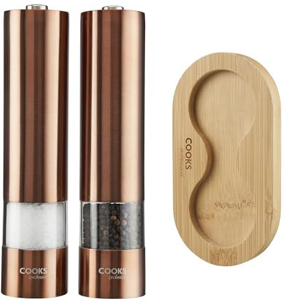 Cooks Professional Ensemble de moulin à poivre et sel électrique avec base en bambou | Moulins automatiques à piles avec mouture réglable et fonctionnement à une touche | Moulin à condiments et