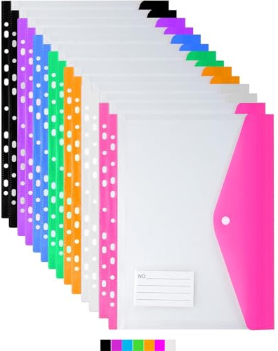 Paquete de 14 carteras de plástico transparente A4, bolsillos perforados con 11 agujeros, bolsillo expandible para carpeta, chaquetas de archivos coloridas, carpetas de documentos con botón a presión