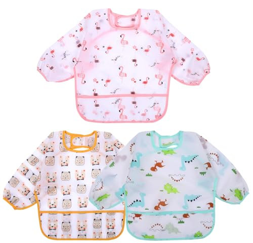Scettar 3 Stück Lätzchen Baby mit Ärmel, Abwaschbar Ganzkörper Lätzchen Ärmellätzchen Wasserdicht Ganzkörper Lätzchen Baby Wasserdicht Kinder Lätzchen für 3-30 Monaten