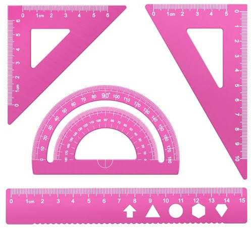 MSDADA Set di 4 righelli triangolari, goniometri, quadrati e righelli, in lega di alluminio, kit di righelli da disegno geometrico, per studenti, scuola, casa, ufficio (colore rosa, 15 cm)