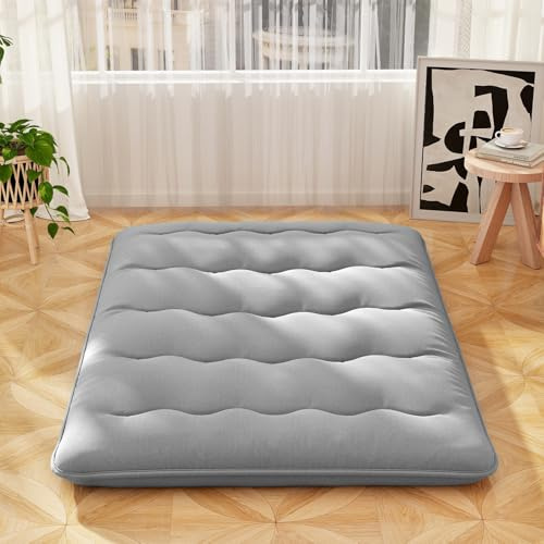 COSTWAY Japanese Floor Mattress, 10cm Thick Futon Mattress Tatami Mat Sleeping Pad with Carry Bag & Washable Cover, Foldable Roll Up Bed Mat for Lounger Dorm Camping (Grey, Double)
