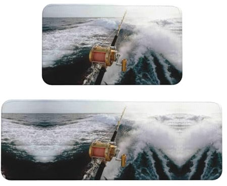 JEJEA Set di 2 tappeti e tappetini da cucina con stampa canna da pesca, tappeto assorbente antiscivolo, tappetini da chef per casa colonica, per pavimenti e uffici