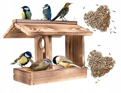 Ecodeco Wetterfest Vogelhaus zum Aufhängen Holz Verkohlt | Futterhaus für Vögel Hängend | Kompakte Futterhäuschen 23x21x19 cm | Vogelhaus mit Aufhängeschnur für Balkon oder Garten