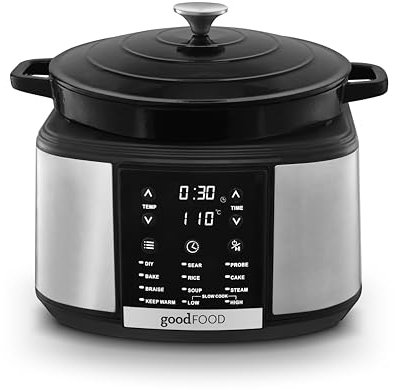 Good Food GF16012 Electrical Dutch Oven with 12 Cooking Pre-sets, Removable Cast Iron Pot, Cast Iron, 12 Hour Timer, 1500W, Black & Stainless Steel