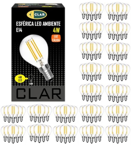 CLAR - Lampadina a filamento vintage E14 LED 4W, lampadina Disign E14 equivalente a 40W, lampadine a filamento, set lampadine LED, lampadine vintage LED E14, 4 W bianco caldo 3000ºK (confezione 100)