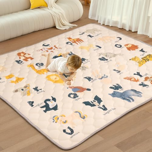 COMOMY Alfombra Bebe Acolchada Plegable 180x200 cm, Colchoneta Bebe Suelo Lavable para Parque Infantil, Tapete Antideslizante para Gateo y Juegos de Bebés, Niños - Beige