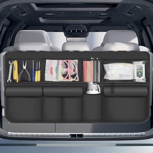 Romon Organizer Auto - Organizer per il bagagliaio con Biadesivo Antigraffio, Pieghevole, Impermeabile, Resistente Allo Sporco con 9 Tasche, 105x51 cm, per SUV, Nero