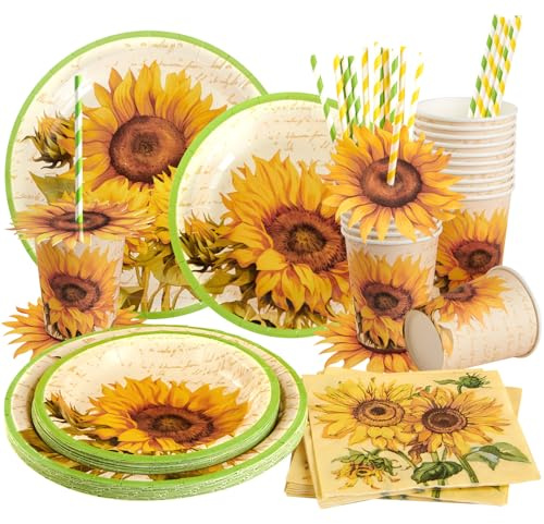 EASY JOY 96Pcs Sunflower Party Plates and Napkins Set Yellow Sunflower Garden Tableware Spring Summer Floral Party Decorations for Sun Birthday Baby Shower Afternoon Tea (16 Guests)