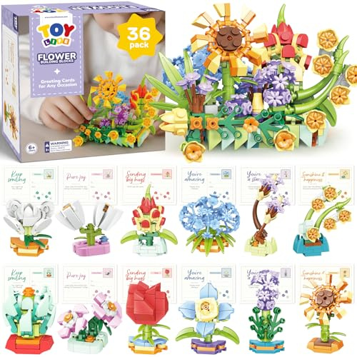TOY Life 36 Pack Party Favors for Kids, Tiny Plants Mini Flowers Building Blocks Set for Classroom Prize, Flowers Botanical Succulents Building Toy with Cards, Birthday Gift for Boys Girls 6+