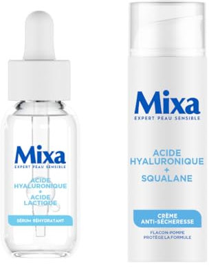 Mixa - Routine Sérum Concentré Réhydratant + Crème Anti-Sécheresse - à l'Acide Hyaluronique et Lactique + Squalane - Apaise & Hydrate pendant 48H - Hypoallergénique - 30 ml + 50 ml