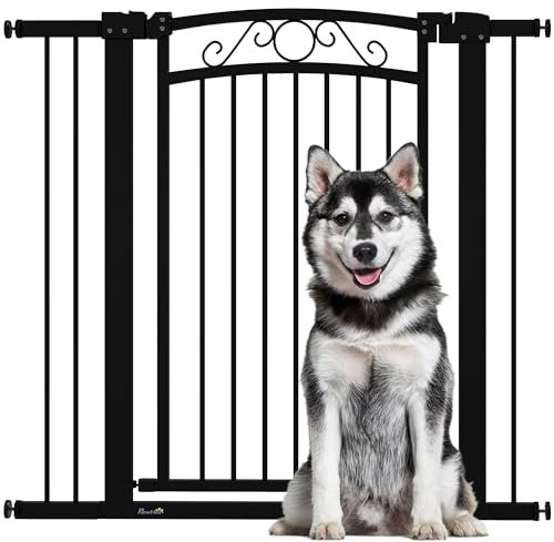 PawHut Barrera para Perros con Cierre Automático, Puerta para Perros 76-104 cm, Barrera de Seguridad con 2 Extensiones 7/14 cm, Fácil Montaje, Doble Bloqueo, para Escaleras y Puertas, Negro