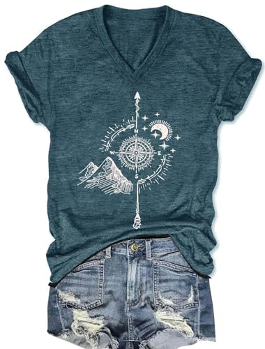 Women Hiking Camping V-Neck Shirt Outdoor Graphic Tee Compass Printed Hike Mountain Nature Travel Shirt Workout Tops (Green1, Medium)