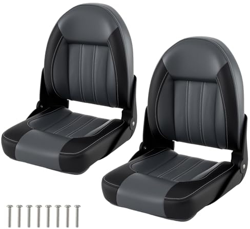 GYMAX Folding Boat Seat, Low/High Back Captain Chair with High-density Sponge Padded Cushions, Ergonomic Fishing Seating (High Back, 7cm Thich Cushion, Black, 2Pcs)