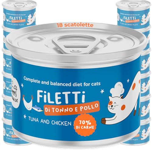 Filetti di Tonno e Pollo | Cibo Umido per Gatti Completo | Ricetta Naturale e Grain Free Ricca di Proteine e omega 3 e 6 | Con Olio di Salmone e Brodo Delicato | 18x70g Made in Italy | Hygge Cat