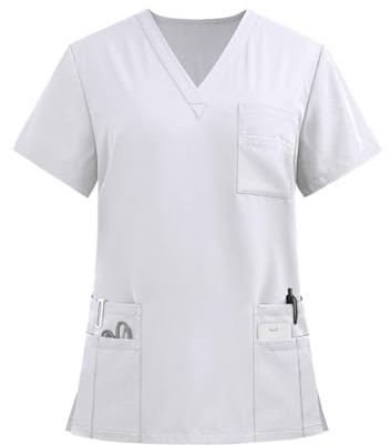 FTRGHNY Scrub Tops for Women UK Medical Uniforms & Scrubs Nurse Outfits for Women Tunic Medical Scrubs V Neck Short Sleeve Shirts Healthcare Work Wear Beauty Uniforms with Pockets