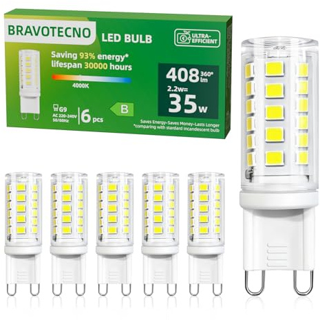 bravotecno Lampadine LED G9, Classe Energetica B, G9 LED Luce naturale 4000K, 2.2W 408LM, Equivalente a 35W, Angolo di Illuminazione 360°, Non Dimmerabile, Basso Calore & Lunga Durata, 6 Pezzi
