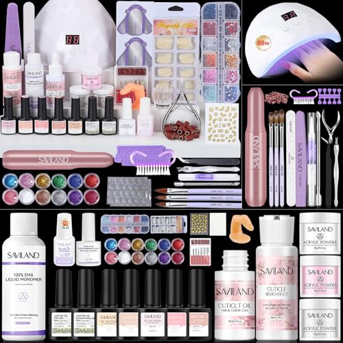 SAVILAND Kit d'ongles en acrylique pour débutants : kit d'ongles en acrylique tout-en-un ultime avec poudre acrylique à la kératine EMA monomère foret à ongles lumière U V outil complet pour ongles