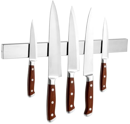 YC Kitchen Magnetic Knife Holder for Wall, 16 Inch Stainless Steel Knife Magnetic Strip for Knives, Tools, Supplies - Drilling incl/Self Adhesive Tape，with 2 hooks