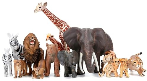 Safari Zoo Animals Figures Toys, 14 Piece Realistic Jungle Animal Figurines, African Wild Plastic Animals with Lion, Elephant Educational Learning Playset for Toddlers, Birthday Gifts Christmas