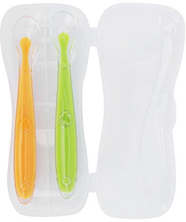 2 Teile Silikon Löffel Baby Trainingslöffel Weich mit Box Kinder Geschirr Set Kinder Esslernlöffel Fütterlöffel für Baby Entwöhnung über 4 Monate alt(Gelb und grün)