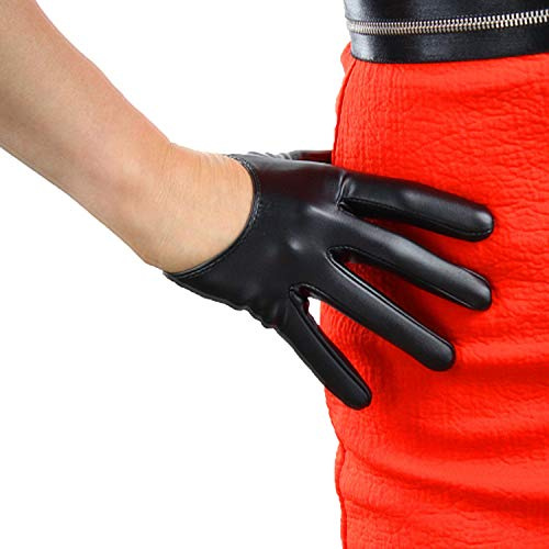 DooWay Women's HALF PALM GLOVES Faux Leather 5 Inch Extra Short for Motorcycle Driving Cosplay Costumes Evening Party Black TECH