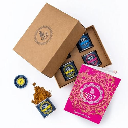 Curry Making Gift Set by Spice Pots - 4 x 40g Spice Blends Plus Spice Pots Indian Cookbook - Korma, Bhuna, Goan & Indian Tandoori Vegetarian Curry Powder - Cooking Gifts for Women & Men
