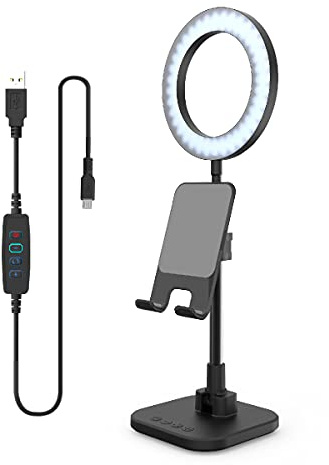 DigiPower DP-WSH-PH6 - Lámpara LED de Escritorio con Soporte para Smartphone y Tablet, Incluye batería, Altura Regulable, para videocalls en el Trabajo y en casa, Color Negro