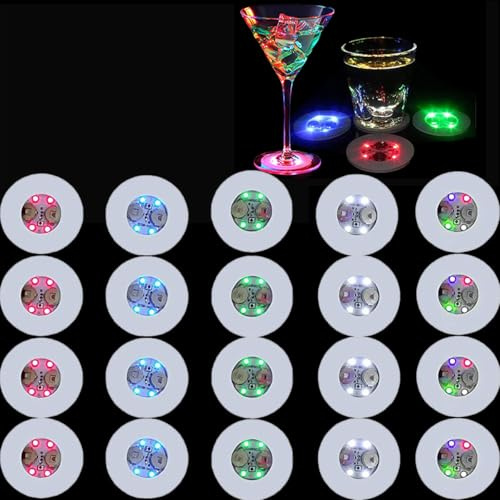 20Pcs LED Coaster Round Flash Cup Mat Sticker Lights for Wine Liquor Bottle, Drinks Party, Bar Party
