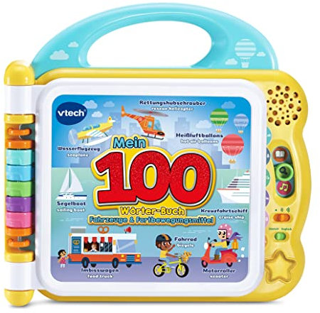 VTech Baby Mein 100-Wörter-Buch: Fahrzeuge und Fortbewegungsmittel – Interaktives Bilderbuch mit über 100 Wörtern auf 12 bilinguale Seiten (Deutsch-Englisch) – Für Kinder von 2-5 Jahren