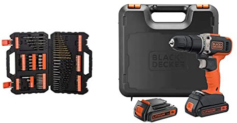 BLACK+DECKER BCD003C2K Taladro percutor 18V 21.000 ipm con 2 baterías litio 1.3Ah y maletín + A7200-XJ Juego de 109 piezas para atornillar y taladrar con brocas Titanio