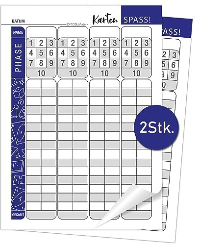 TOBJA Ersatzblöcke für Kartenspiele - Extra Große Zahlen für Senioren | A5 oder A6 Format Wertungsblock | Übersichtliches Design der Phasen | Starkes 100g² Papier (2X A6 Block)