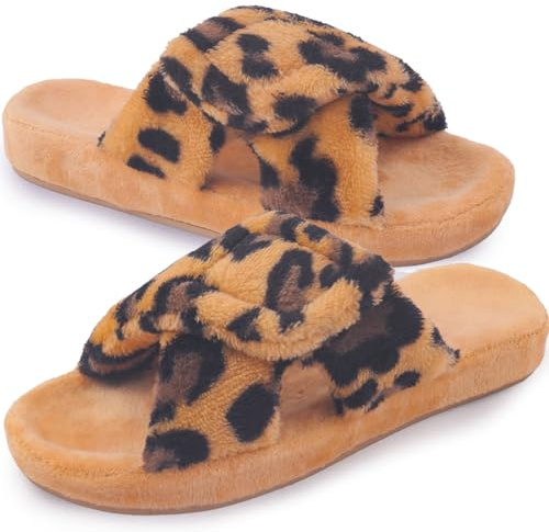 Git-up Zapatillas de Estar por Casa para Mujer Espuma de Memoria con Soporte del arco Gancho y bucle Diabético Amplio Punta abierta Zapatos de Casa Interior Exterior, Arco-Leopardo 38