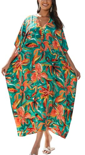 YouKD Vestido caftán de talla grande para mujer, estilo bohemio, playa, bikini, cuello en V, talla única, C Verde Rojo, Talla única