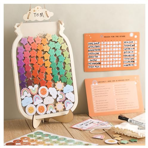 OESSUF Magnetic Reward Jar for Kids, Large Wooden Reward Jars with Tokens, Reusable Star Reward Charts for children behaviour, Toilet Potty training Reward Chart Star Style