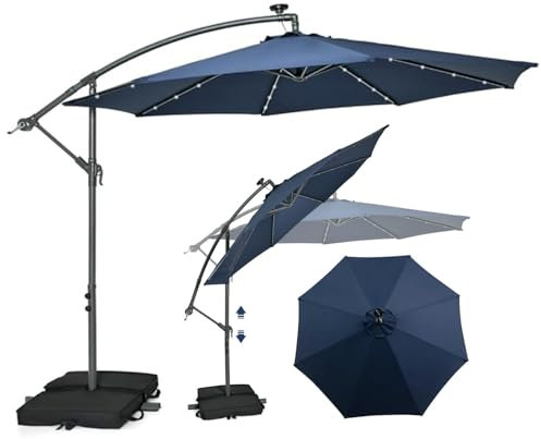 RELAX4LIFE Ampelschirm 300 cm mit 40 LED-Solar-Beleuchtung, Sonnenschirm Neigbar mit Kurbel, Kurbelschirm mit Ständer Sandsäcke(2 x Beutel befüllbar), Gartenschirm UV-Schutz (Blau)