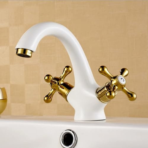 W3001 - Grifo de lavabo chapado en blanco, latón dorado, doble mano, caliente y frío, elegante grifo de baño, lavabo de baño, agua W3001
