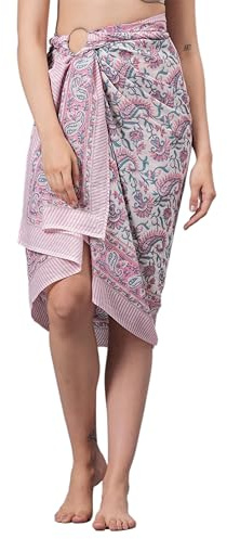 100% Cotone Costume Da Bagno Spiaggia Sarong Cover Ups per Le Donne Costumi Da Bagno Pareo Indiano Mano Blocco Stampa Beach Bikini Wrap Gonna, Rosa e verde., 73 x 44