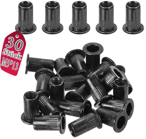 30 Stück Nietmuttern M5 Edelstahl A2 V2A, Runde Flachkopf Nietmutter, Einpressmuttern, Gewindenieten, Blindnietmuttern, Schwarze Oxid