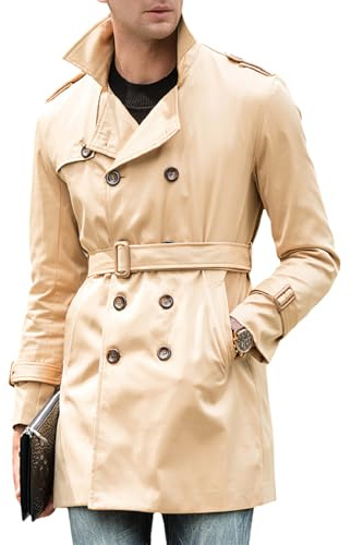 amropi Hommes Trench-Coat à Double Boutonnage Veste avec Ceinture Bouton Coupe-Vent Manteau Kaki, S