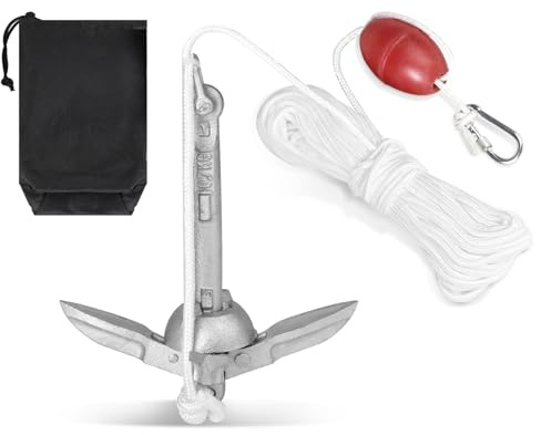 SWAWIS Ancre Bateau Kit 0,7 Kg Accessoire Bateau Ancre Pliante avec 20m de Ligne d'Ancre Bouée de Marquage et Sac de Rangement pour Kayak Gonflable Bateau Gonflable Canoe Jet Ski Gonflable