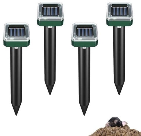 Mole Repellent Solar Powered, Ultrasonic Mole Deterrents for Gardens, Humane Mole Traps to Protect Lawn Garden from Moles, Voles, Snakes, Gophers and Groundhogs, 4 Packs