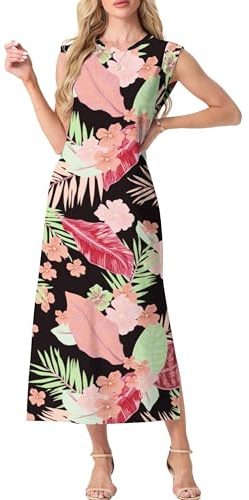 GRECERELLE Womens Summer Maxi Long Dress Casual Flower Sleeveless Crew Neck Split Hem Shift Dresses with Pocket for Ladies UK (Black Konjac Leaf, XXL)