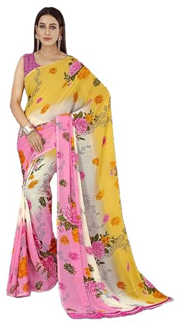 SAREE for WOMEN ETHNICMODE Indian Printed Georgette Light Weight Party Wear Multicolor Sari With Unstitched Pink Blouse Piece-1113
