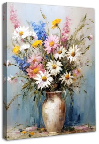 Dazzlewall Enmarcó Arte de Pared Floral Vintage, Colorido Jarrón de Flores de Margarita Pintura al Óleo, Impresiones Florales de Arte de Paredpara Decoración de Dormitorio Baño Sala de Estar 12x16 in
