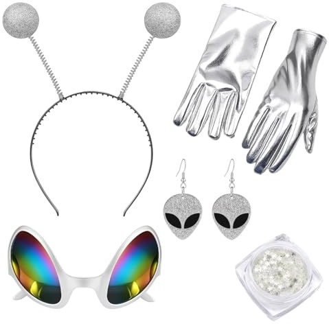 DvBCNMe Alien Kostüm, 5-Teiliges Set Mit Alien Brille, Alien Haarreif, Handschuhen, Sterne-Highlights Und Ohrringen, Ideal Für Halloween, Karneval Und Cosplay