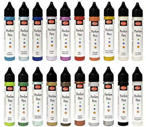 Viva Decor Perlen Pen 20 x 28 ml (Profi Set) Waschmaschinenfeste, formstabile Stoffmalfarbe für Linien & Punkte. 3D Liner Pearl Pen Textilstifte T-Shirt Marker Perlenstift Stofffarbe