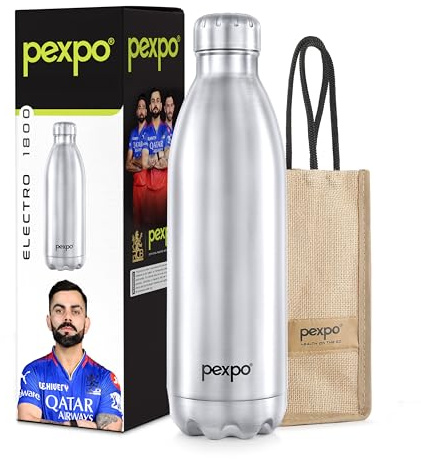 PEXPO Electro 24 Hrs Hot & Cold Vacuum Flask with Jute Bag | Stainless Steel Water Bottle 60 oz | 1800 ml Silver | Insulated | Office Bottle | Workout | Travelling | Home